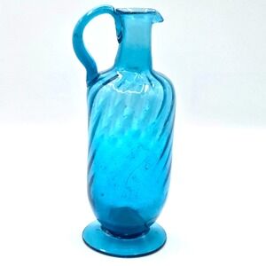 Handblown Blenko? Art Glass Azure Aqua Peacock Blue Swirl Pitcher Pedistal 8"
